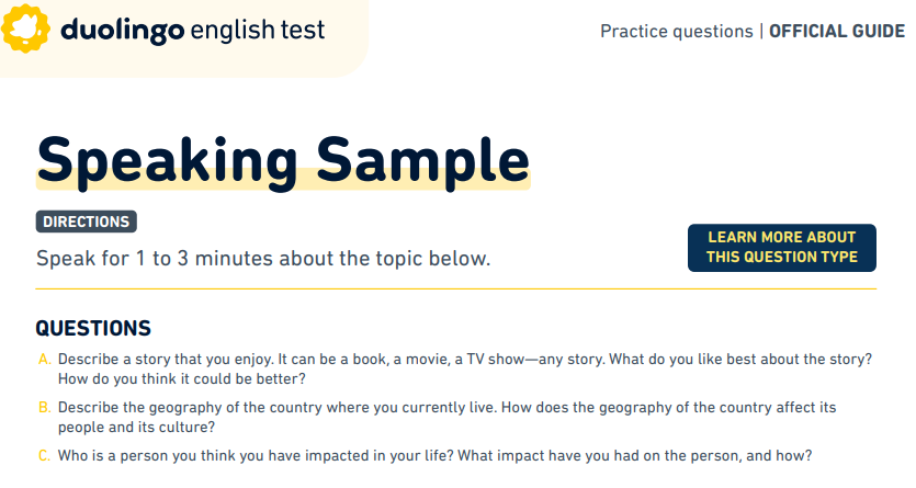 Duolingo Speaking Topics- Question Format 